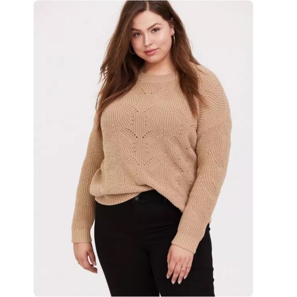 Torrid Pointelle Knit Crewneck Pullover Sweater Preppy Academia Tan 1X - Picture 1 of 10